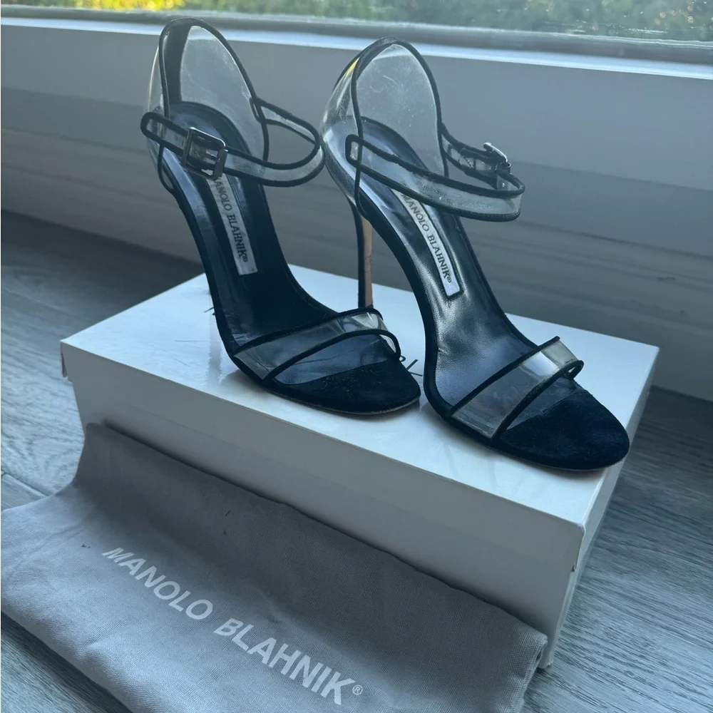 Manolo Blahnik Fersen 105MM Suede-Trimmed PVC Heel Sandals Size 37 - Picture 3 of 9